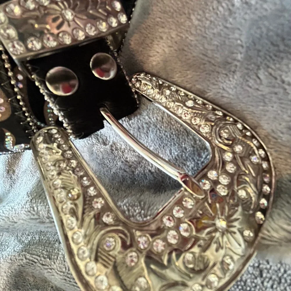 Black Leather Rhinestone Bling Belt Size L - Picture 3 of 13